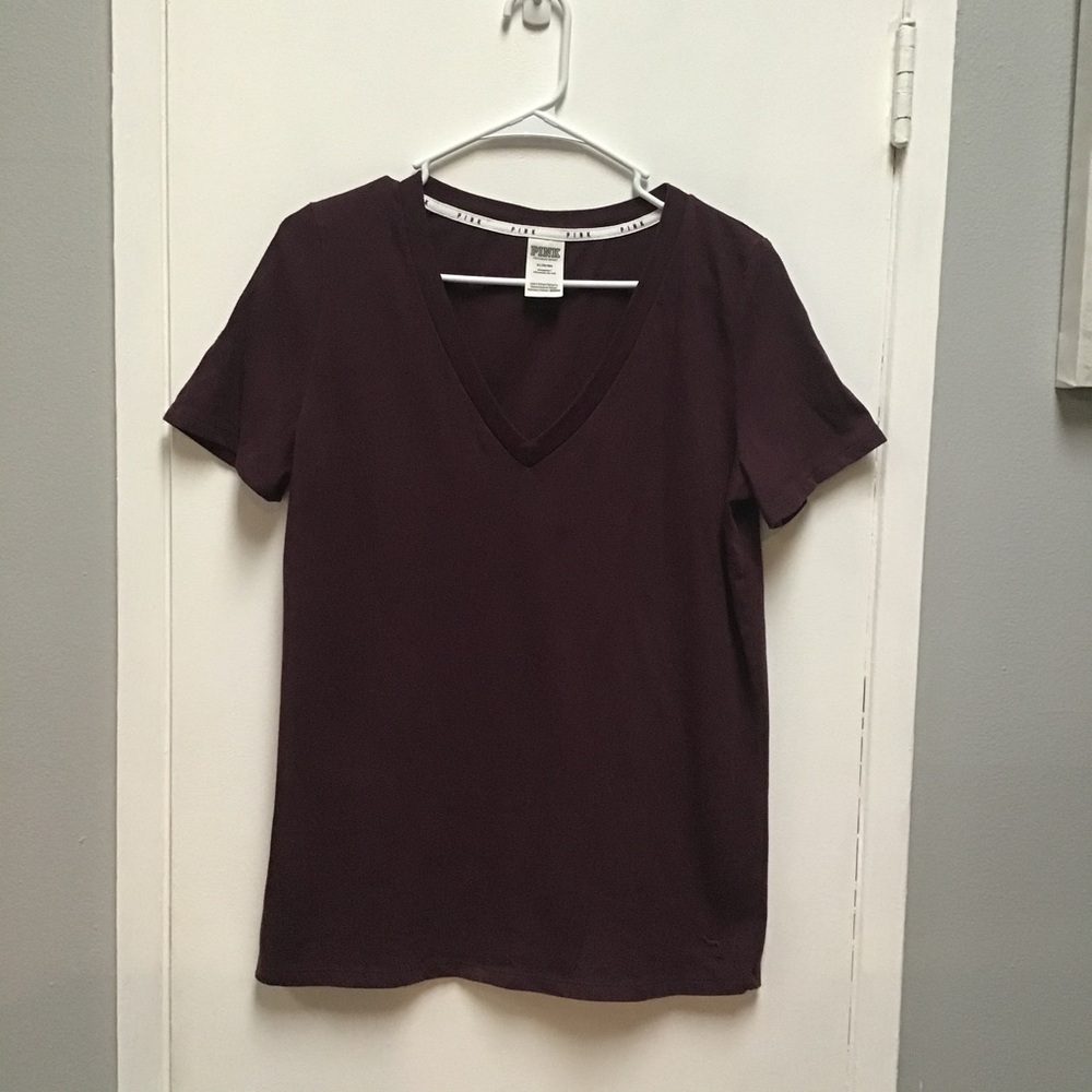 PINK Victoria's Secret Short Sleeve V-Neck Tee - Deep Plum